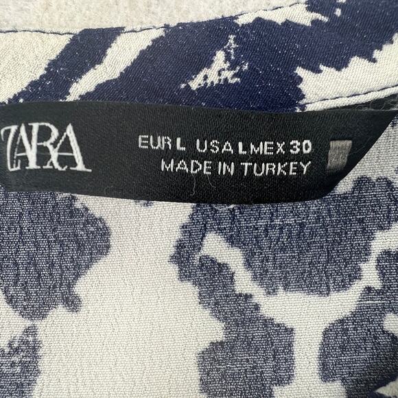 Zara Printed Tunic Mini Dress Blue White L Bohemian Peasant Long Sleeve Flowy - Picture 3 of 6